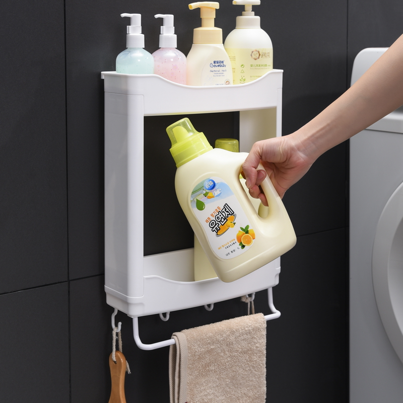 Double-layer bathroom rack powder room storage box wall-mounted punch-free shower room bath supplies towel rack hanger