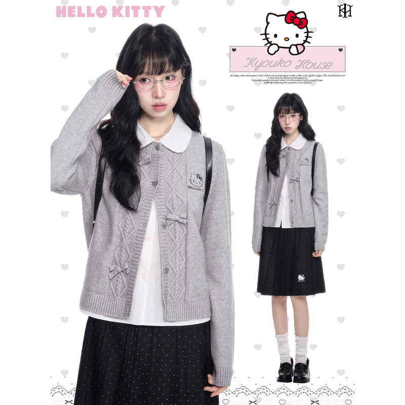 Geng Dou Story × Hello Kitty Sanrio Collaboration Gray Sweater Cardigan Early Autumn Lazy Style Knitted Jacket Geng Dou Story × Hello Kitty Sanrio Collaboration Gray Sweater Cardigan Early Autumn Lazy Style Knitted Jacket