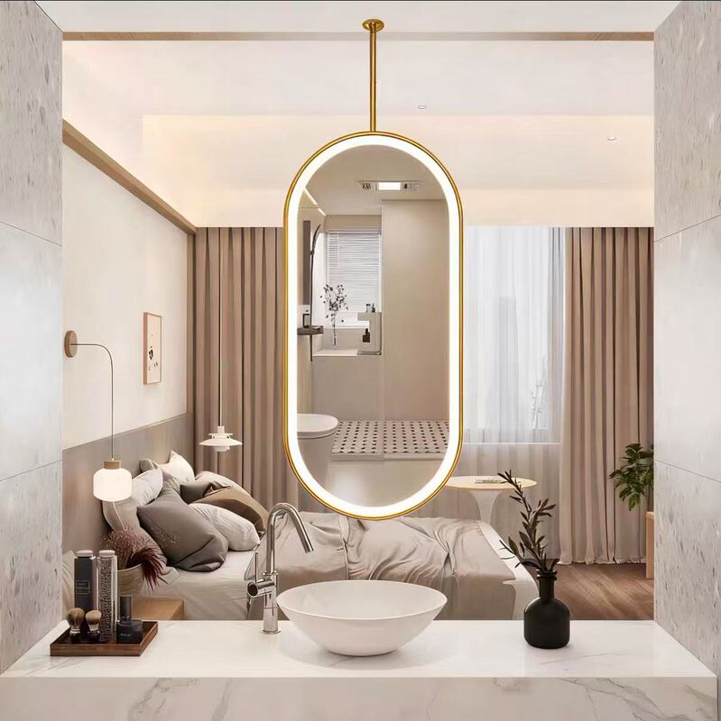 Simple Modern Oval Bathroom Mirror Hanging Led Touch Light Makeup Mirror with Stainless Steel Frame