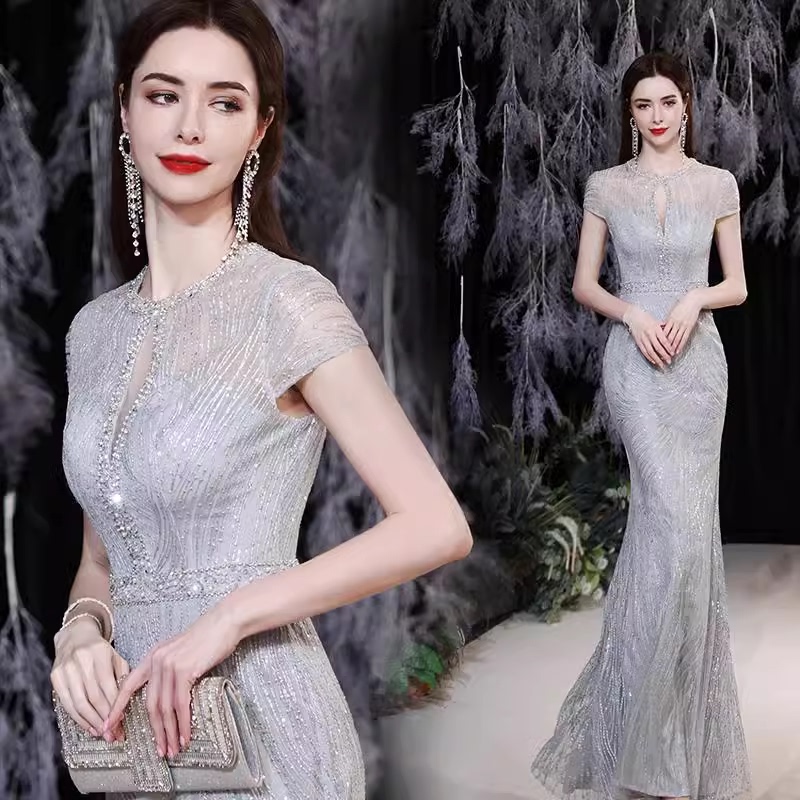 Evening Dress for Women, High-End 2026 New Style Long Dress, Gray Fishtail, Elegant and Dignified, Suitable for Banquets, Annual Meetings, and Hostess Dresses