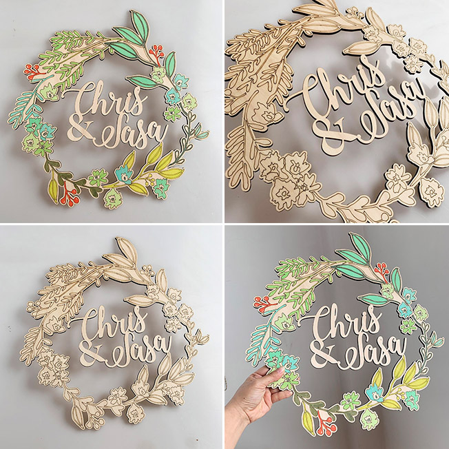 Happy Squared Colorful Custom Knot Wedding Wood-listed Pendulum with Alphabet LOGO Background Wall Listing a Flower Card