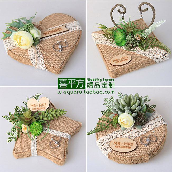 Xi square hemp series ring pillow original handmade forest succulent retro wedding custom ring support photo props