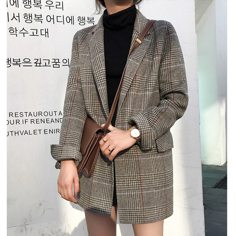 Autumn and Winter New Plaid Suit for Petite Women, Chic Retro Loose Mid-Length Woolen Plaid Blazer for Women Autumn and Winter New Plaid Suit for Petite Women, Chic Retro Loose Mid-Length Woolen Plaid Blazer for Women