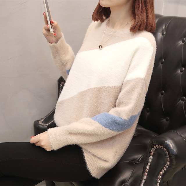 Fat sister imitation mink sweater women loose wild fashion big size Western style thin round neck knitted top autumn and winter clothes