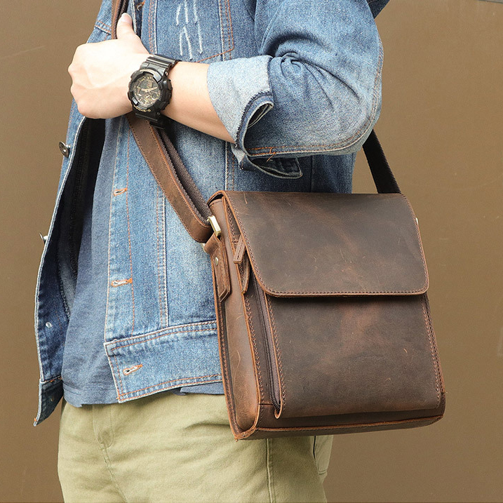 Crazy Horse Leather Vertical Genuine Leather Men's Bag, Vintage Top-Layer Cowhide European and American Shoulder Bag, Retro Small Bag, Casual Crossbody Bag