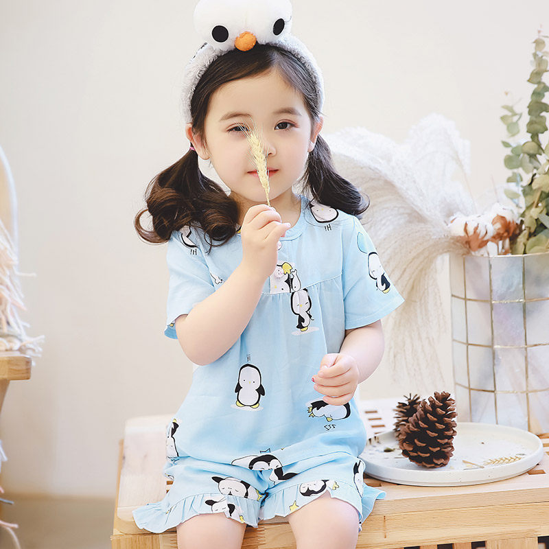 Children's pajamas girls shortsleeved summer cotton silk baby parentchild clothing cotton silk