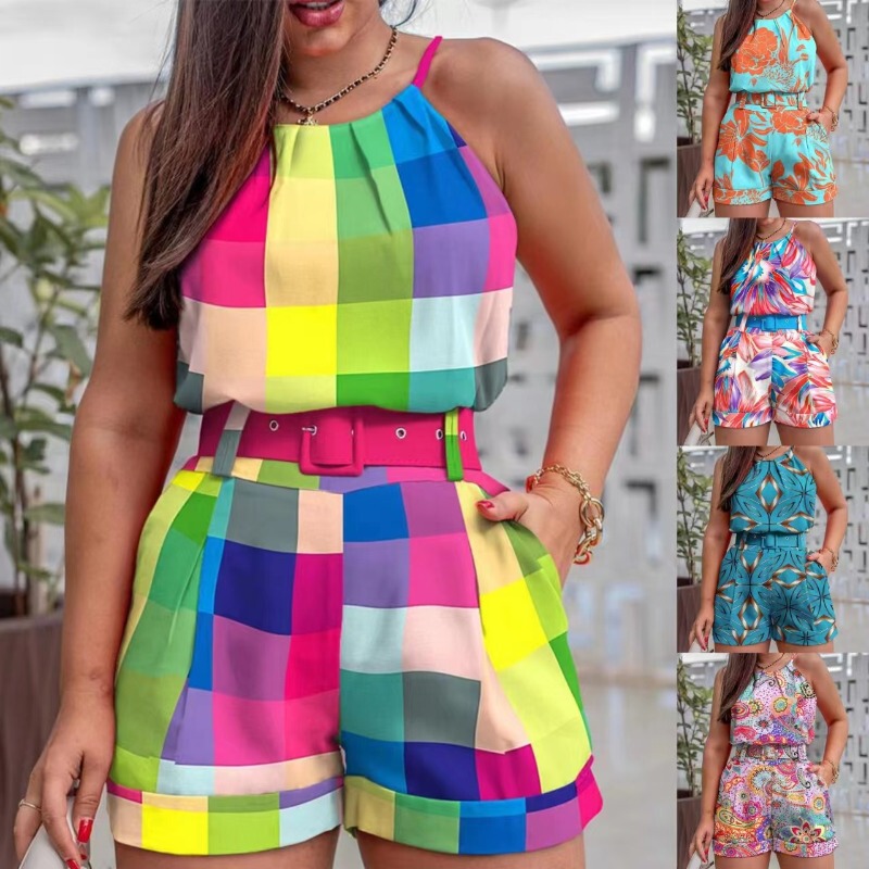 Amazon 2023 Independent Site Aliexpress New Summer European and American Cross-Border Sleeveless Printed Fashion Two-Piece Set for Women