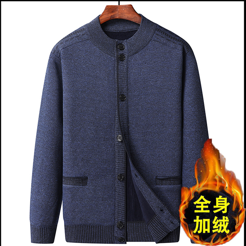 Dad's Sweater with Fleece Lining, Thickened Knit Cardigan for Elderly, Warm Outerwear for Grandpa, Middle-Aged and Elderly Men's Round-Neck Knitwear