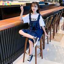 Girl dress summer 2021 new foreign style 12 year old girl children Net red Middle Child summer two sets tide