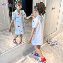 Girls POLO dress summer 2021 new childrens skirt white strawberry embroidery bubble sleeve long T-shirt skirt