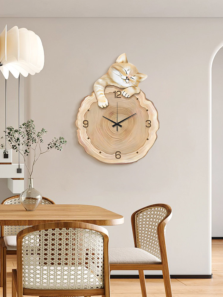 Cat-Shaped Wall Clock Living Room Decoration Nordic Log Style Dining Room Creative Clock Wall Clock Table Side Clock