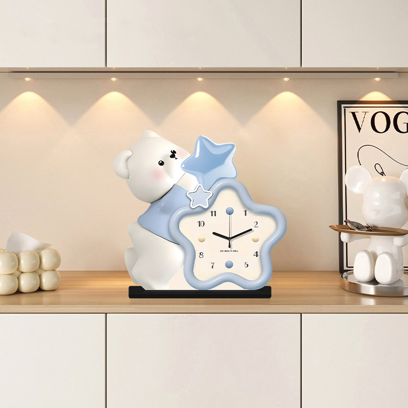 Cream-Style Living Room Decorative Clock, Modern Minimalist Dining Room Bear Art Clock, 2025 New Model, Punch-Free Table Clock