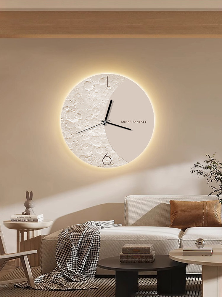 Cream-Style Moon-Themed Living Room Wall Clock 2024 New Creative Wall-Mounted Clock for Home, Dining Room, No-Drill Silent Clock