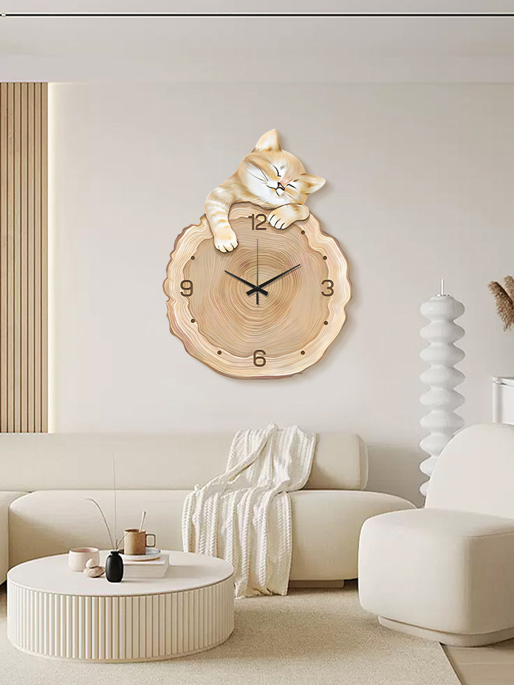 Cat-Shaped Wall Clock Living Room Decoration Nordic Log Style Dining Room Creative Clock Wall Clock Table Side Clock