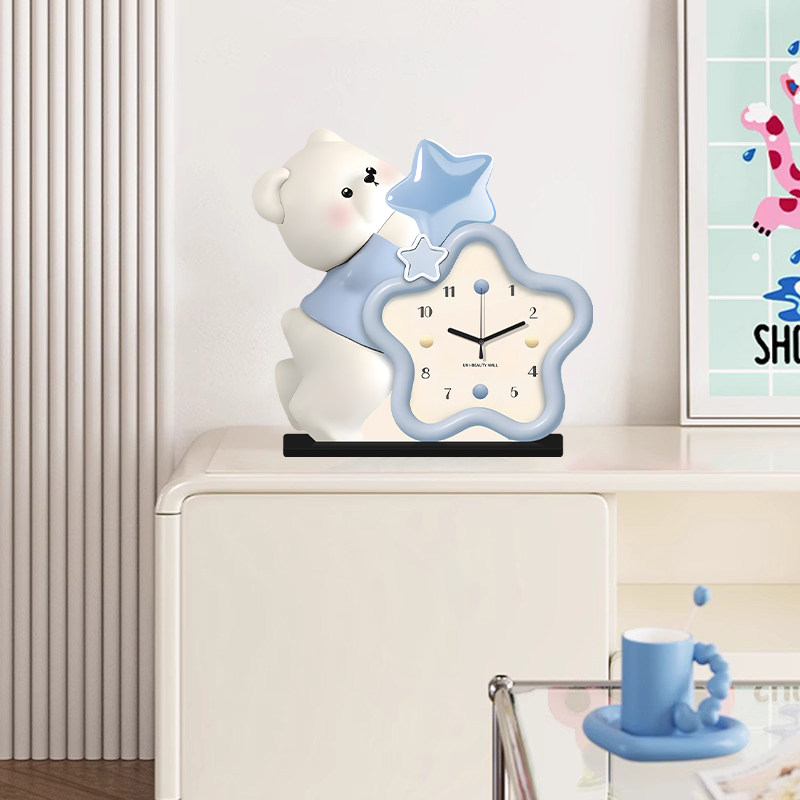 Cream-Style Living Room Decorative Clock, Modern Minimalist Dining Room Bear Art Clock, 2025 New Model, Punch-Free Table Clock