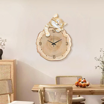 Cat-Shaped Wall Clock Living Room Decoration Nordic Log Style Dining Room Creative Clock Wall Clock Table Side Clock