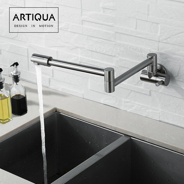 Artiqua All-Copper Wall-Mounted Folding Single Cold Kitchen Faucet, Rotatable and Retractable Sink Faucet