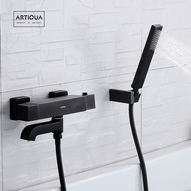 Artiqua All-Copper Square Bathtub Faucet Thermostatic Shower Faucet Mixing Valve Shower Set Black