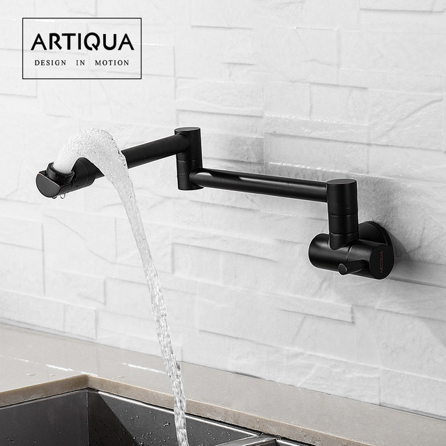 Artiqua All-Copper Wall-Mounted Folding Single Cold Kitchen Faucet, Rotatable and Retractable Sink Faucet