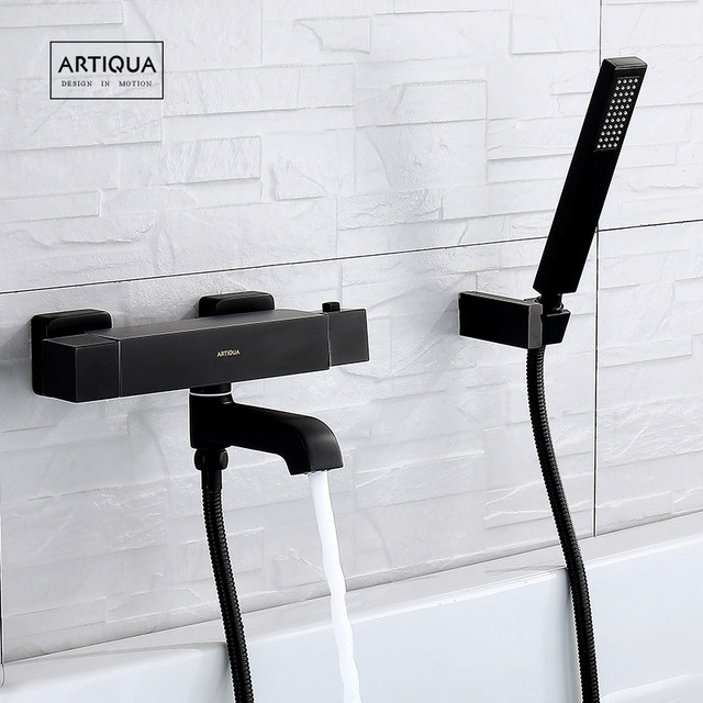 Artiqua All-Copper Square Bathtub Faucet Thermostatic Shower Faucet Mixing Valve Shower Set Black