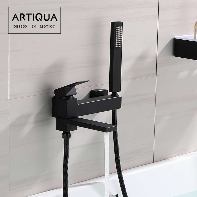 Full copper lengthened bathtub tap hot and cold shower head mixed water valve flush nozzle simple shower head suit black