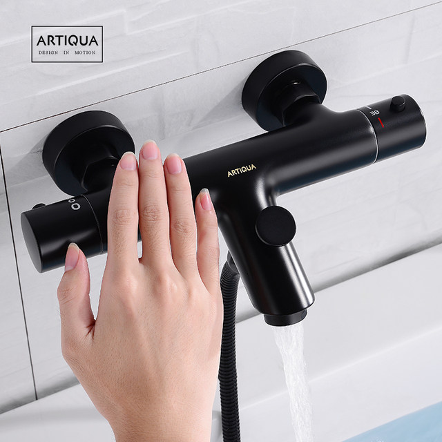 All-Copper Thermostatic Bathtub Faucet Hot and Cold Shower Faucet Mixing Valve Bathroom Showerhead Set Black Anti-Scald