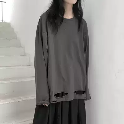 Lu and Shanyu Yamamoto dark oversize retro solid color inside men and women loose hole bottom long sleeve T-shirt