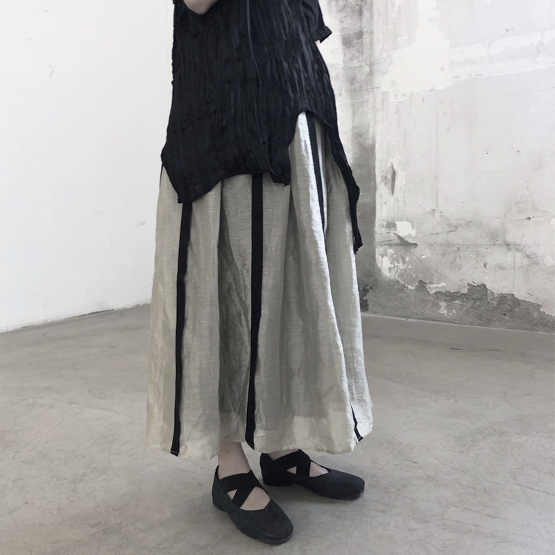 Land and Mountain Uma Yamamoto Yamamoto Half Body Dress Femini Linen 100 pleats A long skirt in Dark Tone Striped