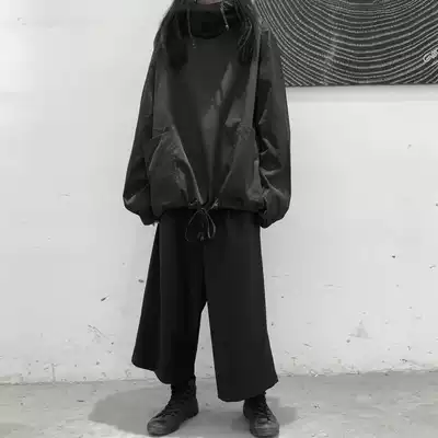 Lu and Shanyu New product niche design Drawstring sleeve dark black yoji hooded large pocket long-sleeved shirt shirt