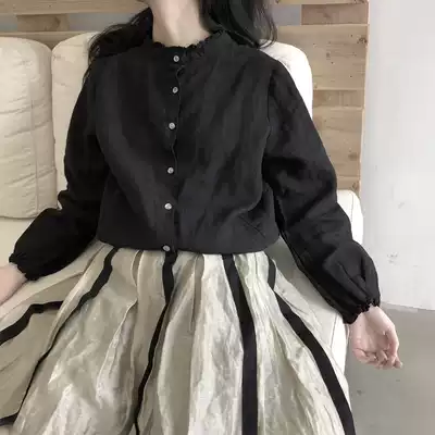 Lu and Shanyu spring original niche design sense linen dark black simple shirt fungus collar women's long-sleeved shirt