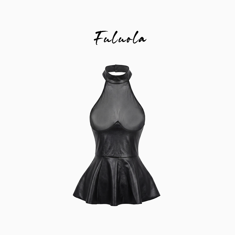Fuluola2026 New Slimming Plus Size Sexy See-Through Mesh Patchwork Patent Leather Backless A-Line Dress for Summer