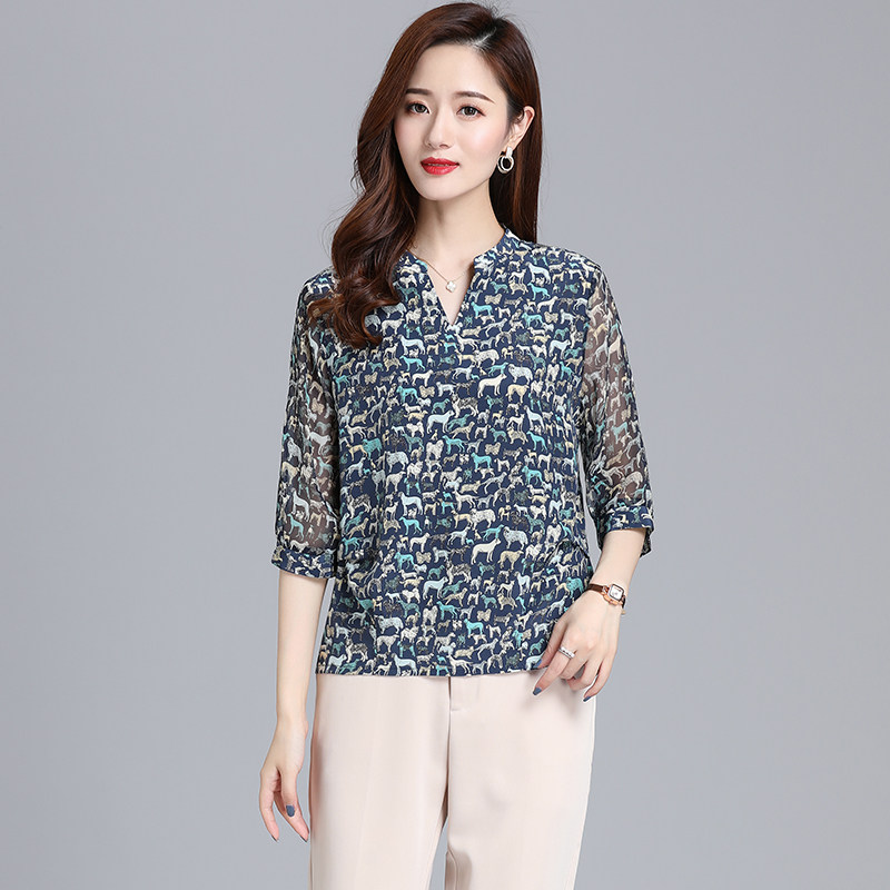 ZQQZ silk blouse women short sleeves V collar 2020 summer new fashion printing high-grade mulberry silk blouse 8056