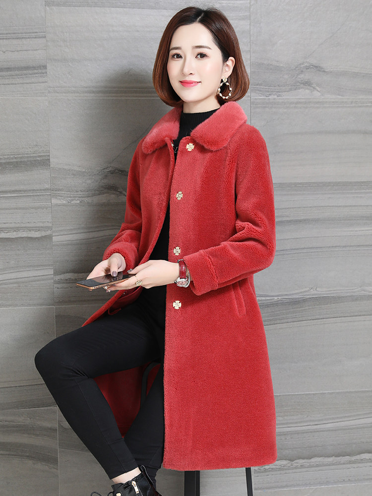 Sheep shearing coat female mink collar new medium and long version of granular wool composite fur one-piece coat D178