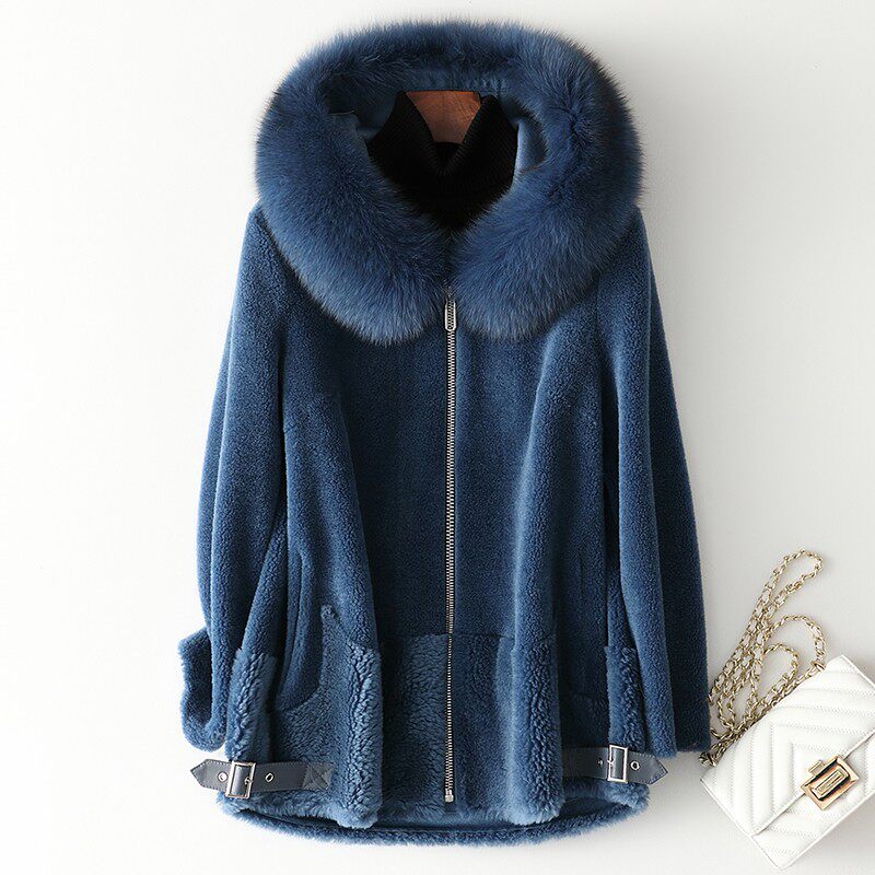 zqqz sheep cut velvet big coat female short fox fur collar 2020 new stylish grain wool leather straw jacket D202