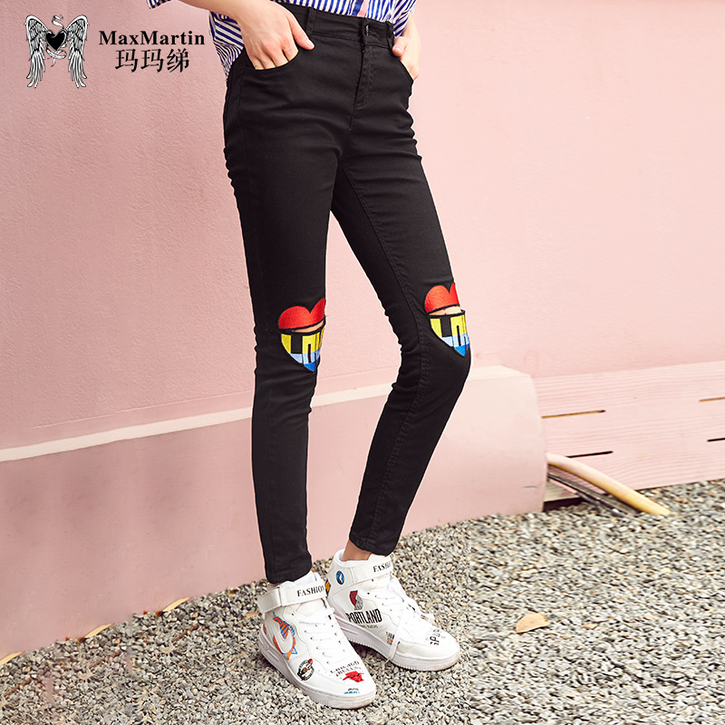 MAMAMATO 2019 Summer Fashion Joker Print Black Jeans Female Korean Slim Straight Small Foot ankle-length pants