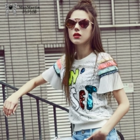 Mama 绨 2018 mùa hè mới thời trang sequins vòng cổ ngắn tay áo ren sexy hollow voan T-Shirt áo sơ mi nữ các kiểu áo công sở de thương