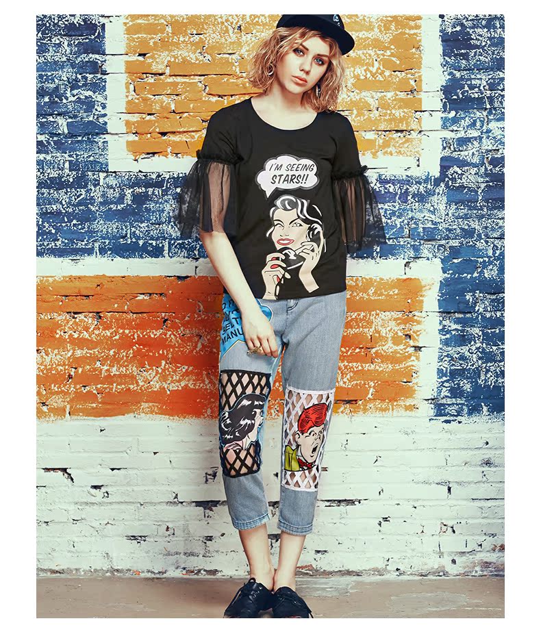 Mama 绨 2018 mùa xuân thời trang jeans lỗ phụ nữ ánh sáng màu Slim chân quần in ấn xu hướng cắt quần thoi trang cong so