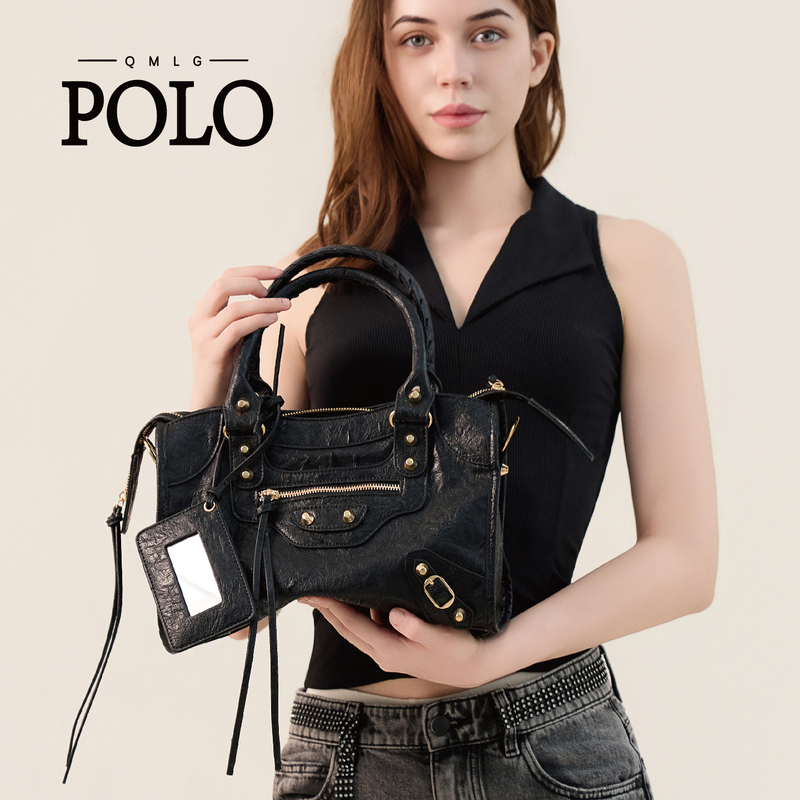 Qmlg Polo Punk Style Rivet Motorcycle Bag for Women, Black Gold Buckle Handbag, Shoulder Bag, Crossbody Bag, Mini Bag