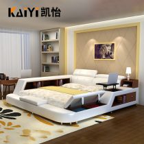 Leather bed Master bedroom Modern tatami multi-function smart 2 meters 2 2 large bed stepping bedroom double wedding bed New