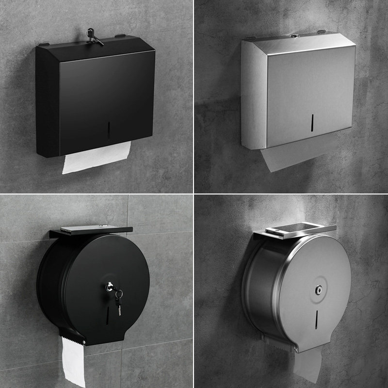 Black stainless steel toilet large roll paper box public toilet wiping paper box hotel wall-mounted large tray paper towel holder