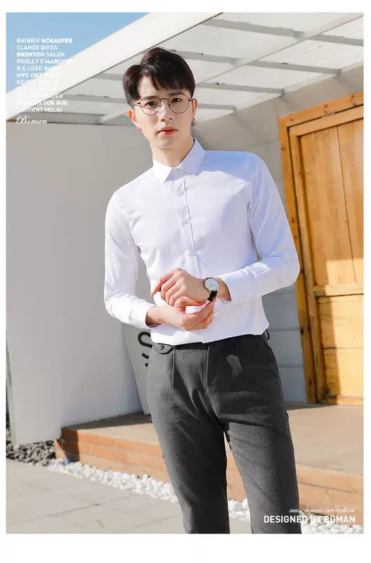 Mùa thu mỏng phần dài tay áo sơ mi nam thanh niên màu đen tinh khiết kinh doanh bình thường dụng cụ chuyên nghiệp màu áo sơ mi nam đi làm
