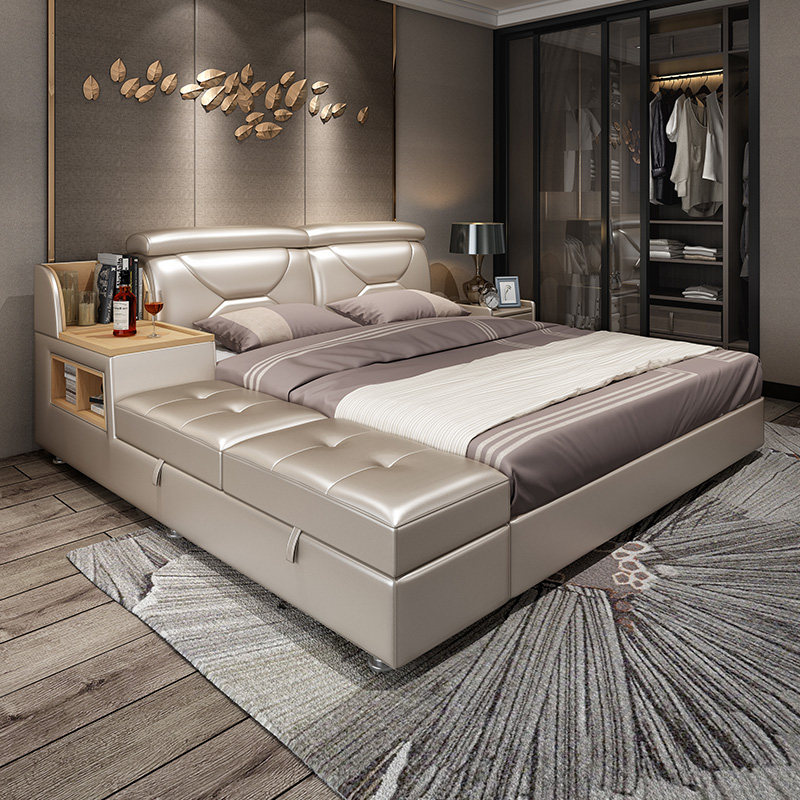 Tatami Mie leather headboard Bull Leather Modern Minimalist double bed light extravagant master bedroom Nordic style storage wedding bed furniture
