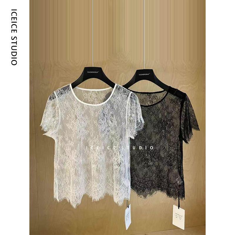 2026 Summer New Fashion Versatile Stylish Slim-Fit Round Neck Short-Sleeve Lace Top Women's White Hollow-Out T-Shirt