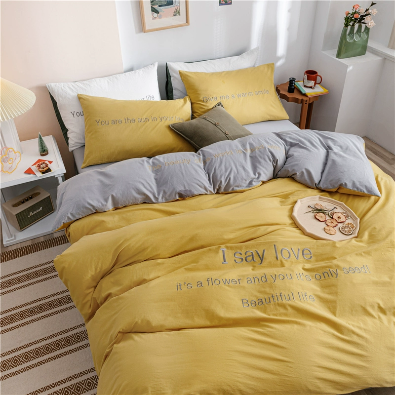 Bộ bốn mảnh cotton phong cách Bắc Âu 100 cotton đã giặt sạch giường cotton ký túc xá ba mảnh thêu chăn ga trải giường 4 - Bộ đồ giường bốn mảnh