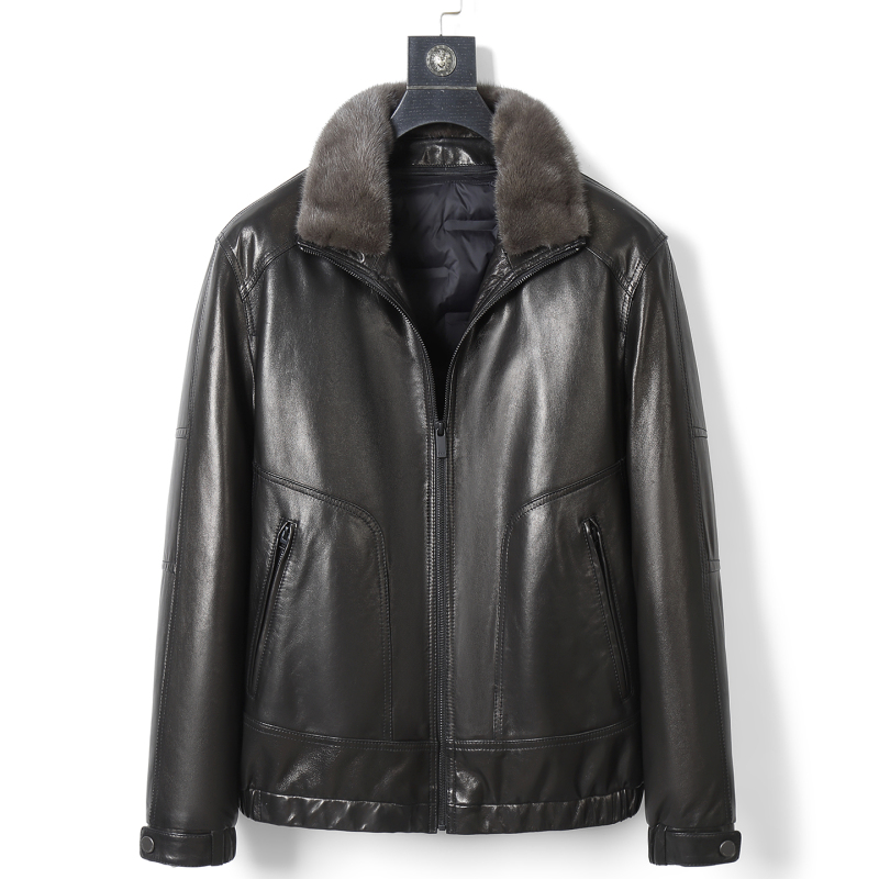 Haining Genuine Leather Men's Goatskin down Jacket with Mink Collar, Fleece-Lined and Thickened, 2026 New Model
