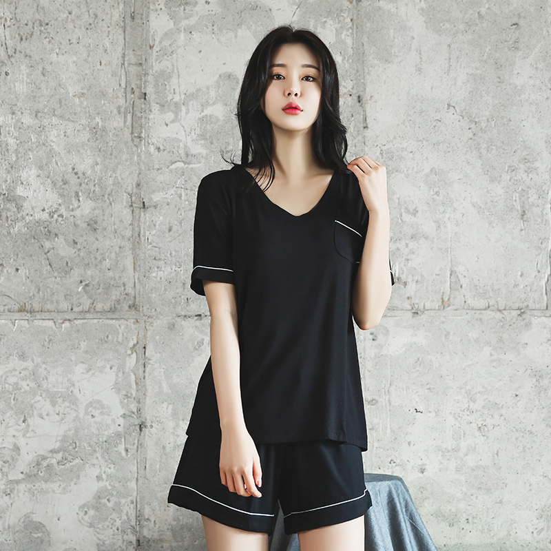 Modal Pajamas for Women, Summer Thin Style, Korean Version, Loose V-Neck, Short-Sleeved Two-Piece Set with Chest Pads, Can Be Worn Outside, Loungewear