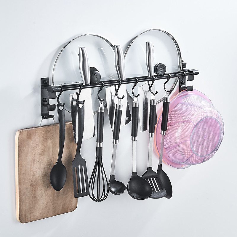 Space aluminum black kitchen hook hanging rod kitchenware storage shelf knife rack knife rod storage finishing rack with basin rack