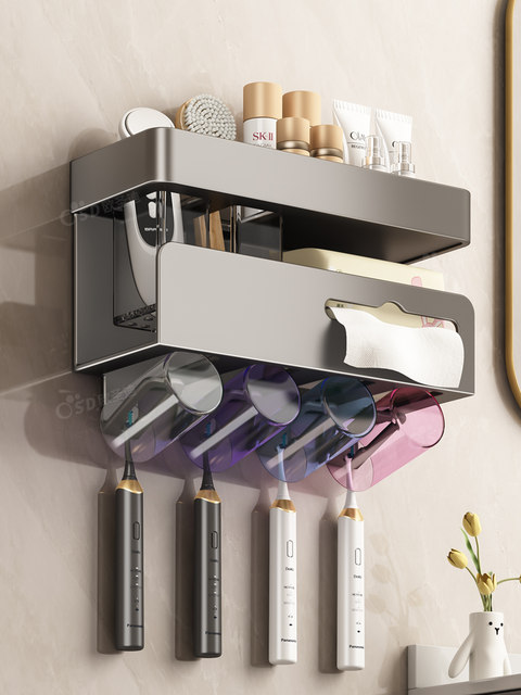 Toothbrush rack without punching hole in the bathroom toothbrush cup storage bracket wall-mounted mouthwash cup electric toothbrush holder