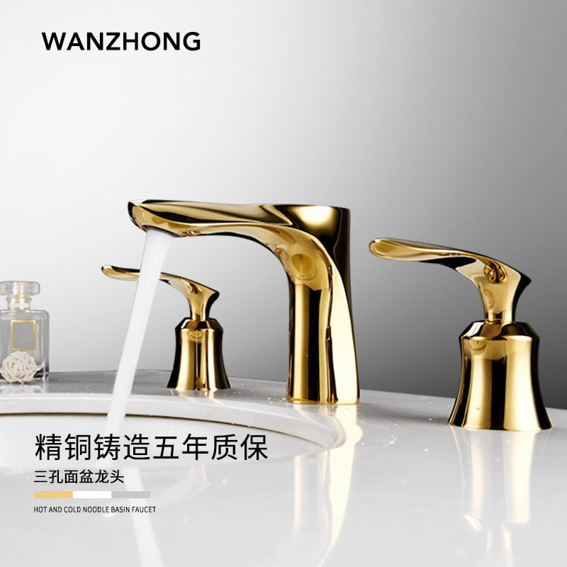 Surface basin tap hot and cold full copper stage basin golden antique European style Two-style three-hole home washbasin tap