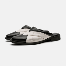 Original design 2022 new summer Baotou slippers female outwear genuine leather black and white rhombus splicing Mueller shoes semi-tug